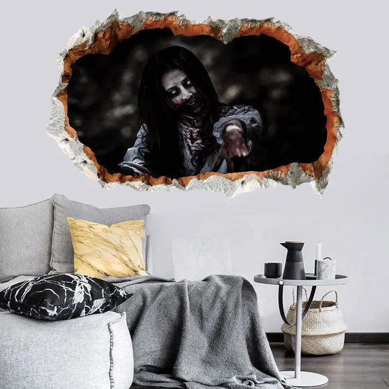 Halloween Horror Sticker 3D Simulated Broken Wall Long Hair Girl Sticker Home Decor Scary Party Floor Livingroom Bedroom Decora