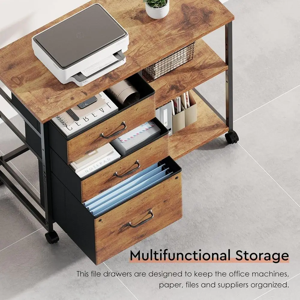 Rustic Brown Rolling 3-Drawer File Cabinet with Printer Stand and Open Shelf for Home Office