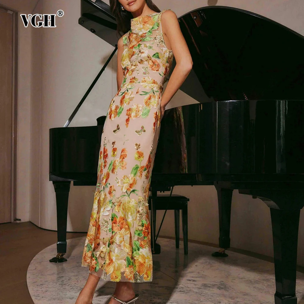

VGH Vintage Slimming Printing Long Dresses For Women Round Neck Sleeveless High Waist Temperament Dress Female Fashion Style New