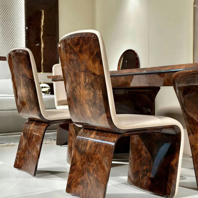 Dining table and chairs Italian light luxury high-end villa restaurant household solid wood tree tumor baking paint long dining