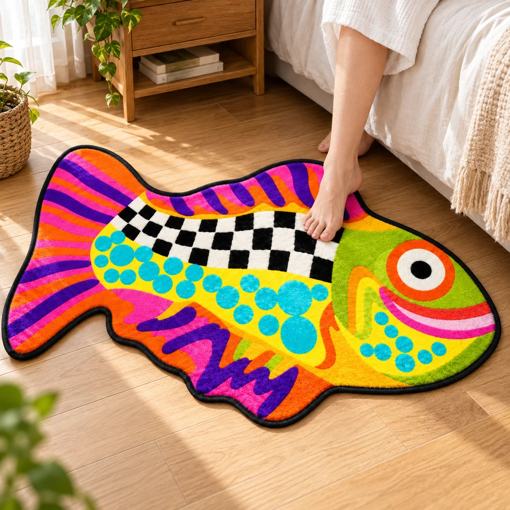 Colorful Fish Shaped Flannel Rug, Checkerboard and Bright Stripes Animal Floor Mat for Bathroom Bedroom Living Room Decor Accent