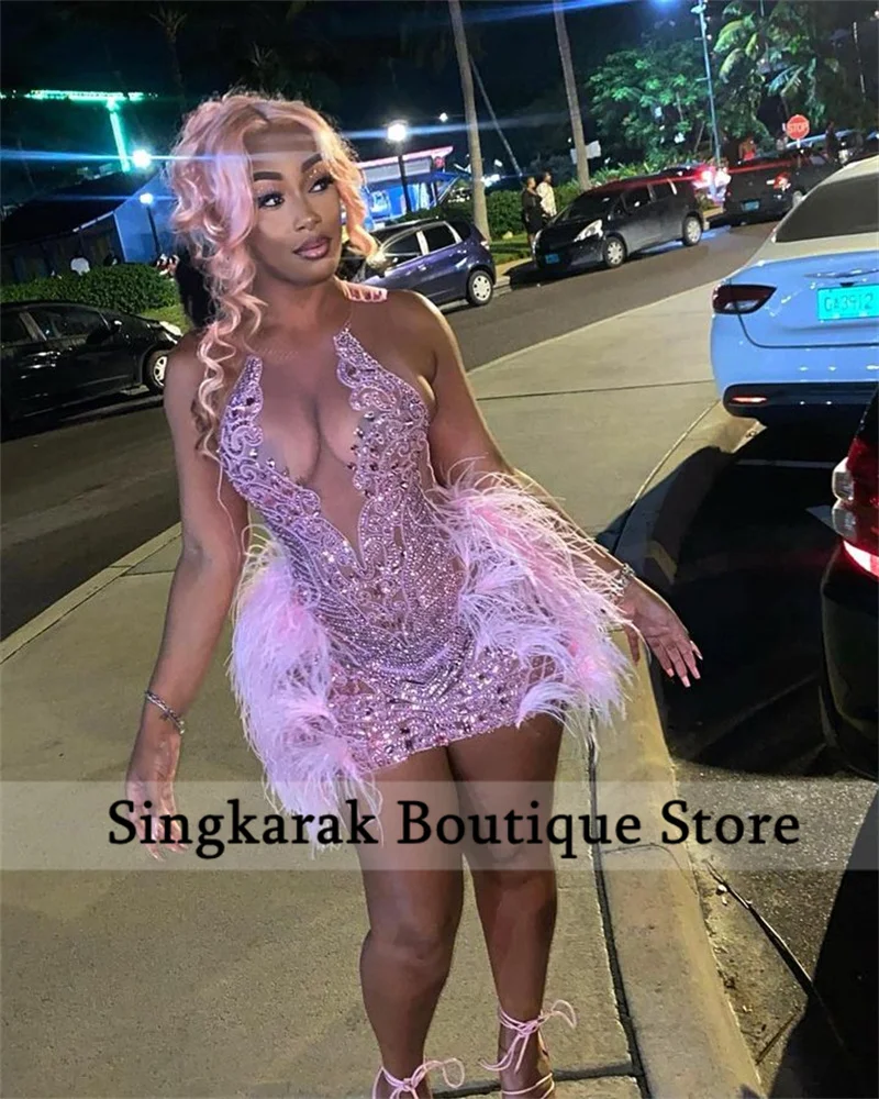 Sparkly Pink Mermaid Short Prom Dress Glitter Bead Crystals Rhinestones Feathers Cocktail Birthday Party Gown Customized image 2