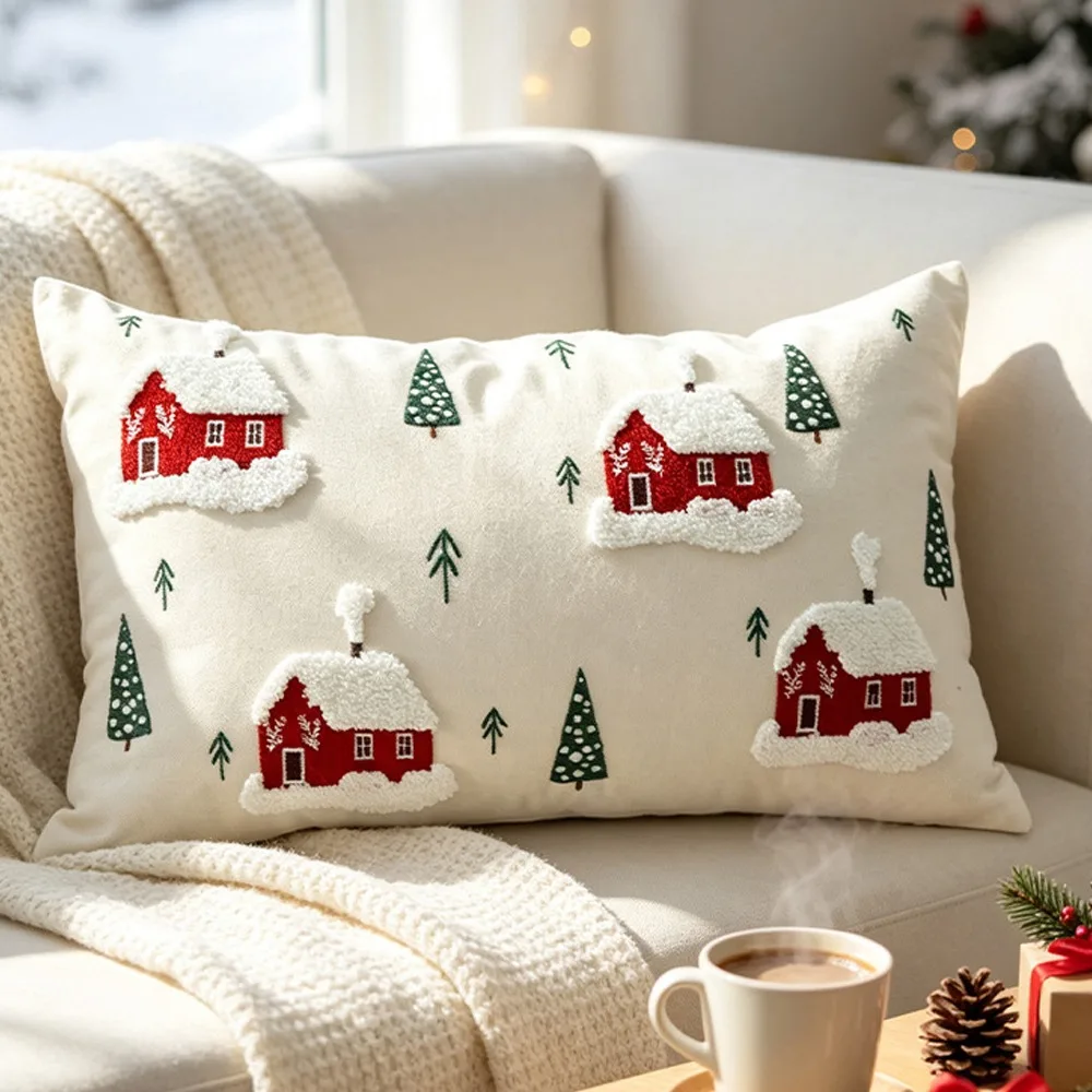 High Quality Canvas Tufted Throw Pillow Cover Christmas Pattern Soft Cushion Cover Throw Pillowcase Home Decor