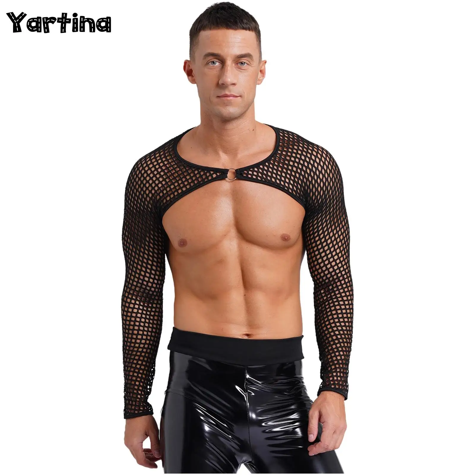 Mens Hollow Out Fishnet Festival Crop Top See-through Cover Ups O Ring Round Neck Long Sleeve T-shirt Tops Front with O Ring