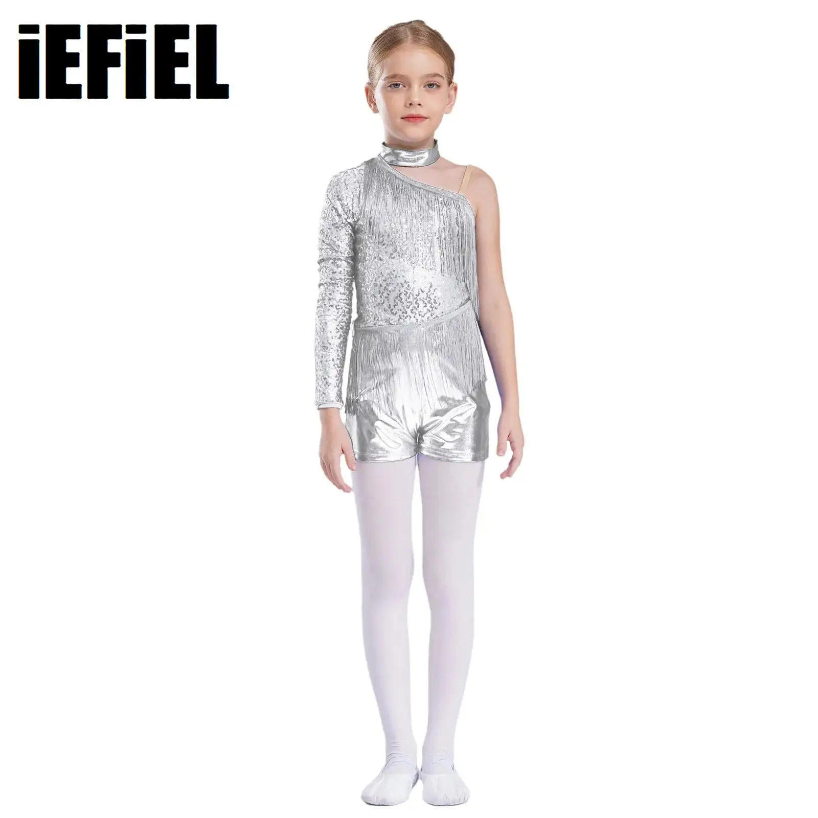 

Kids Girls Latin Dance Leotard Tassel Metallic Jumpsuit Halter One Shoulder Shiny Sequins Leotard