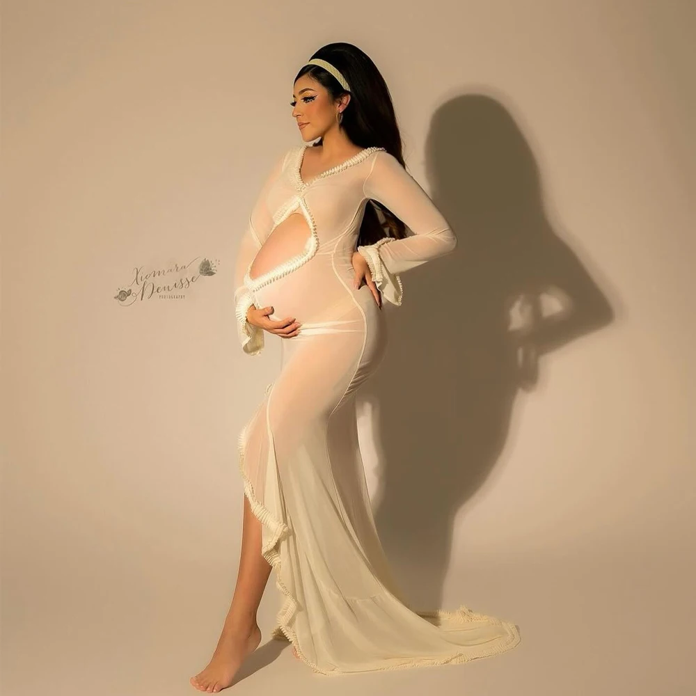 

Maternity Photography Props Dress Sexy Transparent Elastic Mesh Pleated Lace Floor Mop Dress Pregnant Women For Photo Shoot