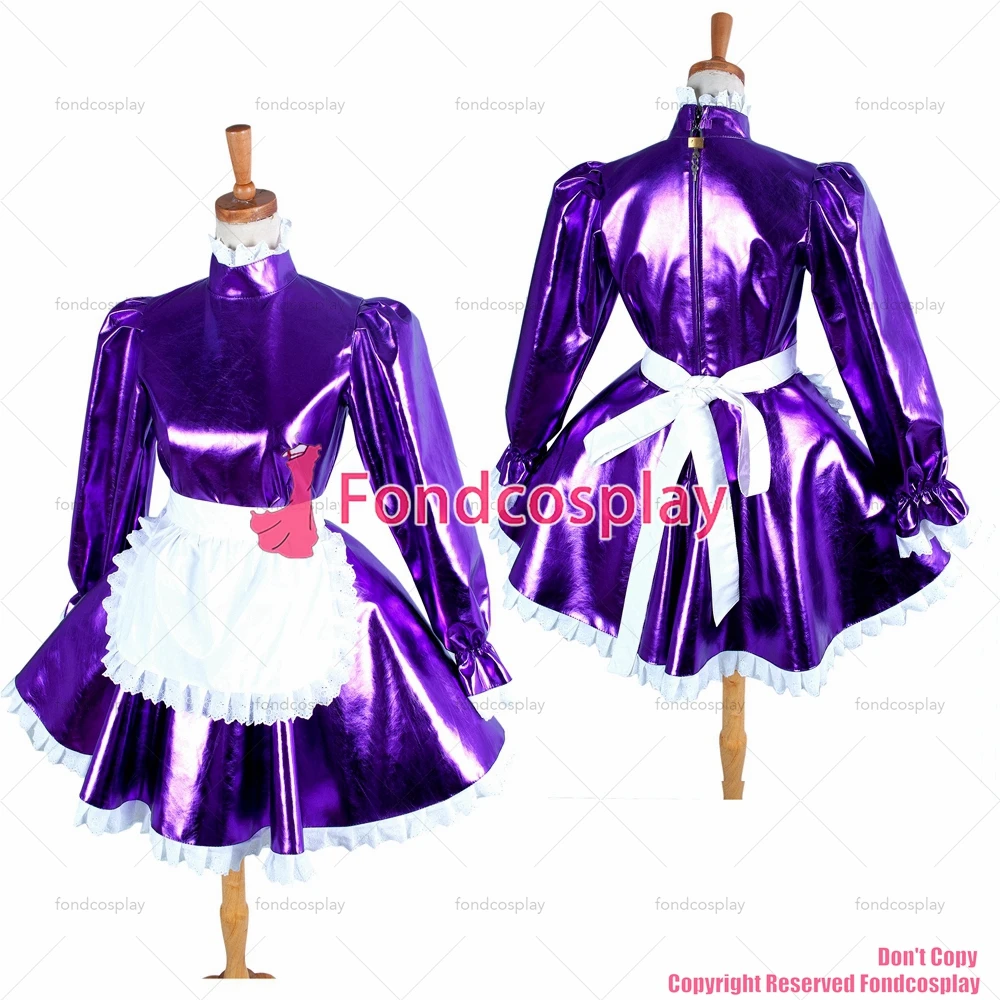 fondcosplay adult cross dressing sissy maid short Purple heavy PVC lockable Dress vinyl Uniform white apron CD/TV[G1046]