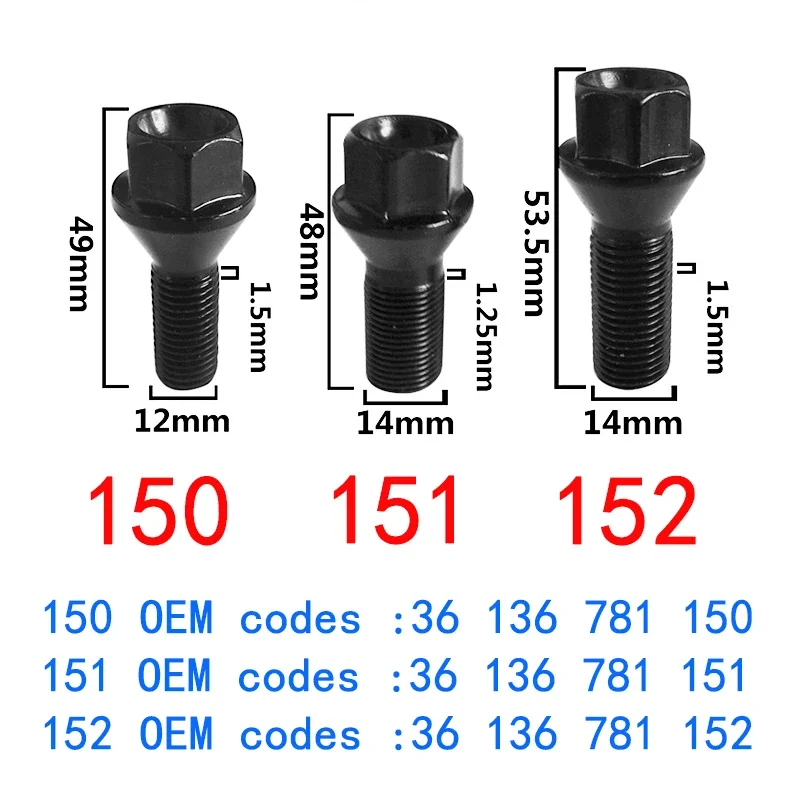 4PCS Car Wheel Hub Screw For BMW F10 F11 F30 F32 F34 F15 F16 F25 Wheel Screw Bolt Lock Lug Nut M12 X 1.5 M14 X 1.25 M14 X 1.5