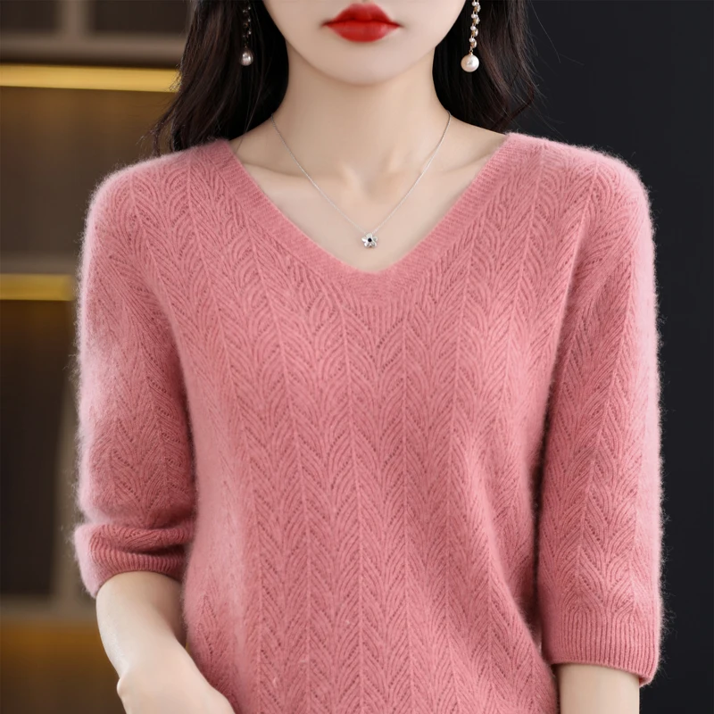 Summer new knitted hollow women's V-neck short sleeve 100% Merino wool pullover vest fashion Korean top T-shirt