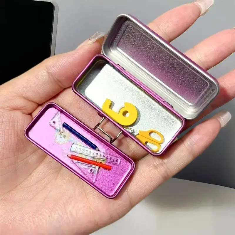 Micro Landscape Decor Pieces: Double Layer Iron Pencil Box, Pen, Ruler, Tape, Scissors for Miniature Dollhouse Pretend Play Toy