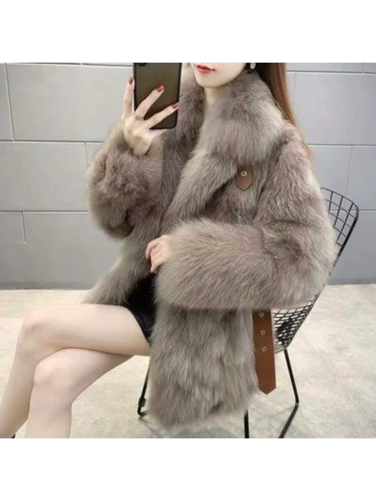 

French Elegant Sexy Faux Fur Top Coat Simple Comfortable Exquisite Solid Color Gentle Soft Party Commute Date Belt Lapel Jacket