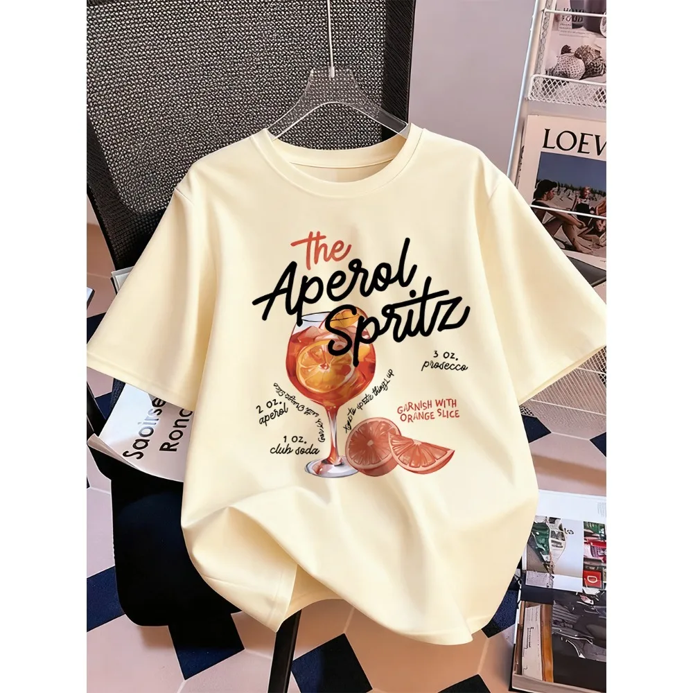 Aperol Spritz Lemon Drink Prints T-Shirt Womens Cotton Summer Short Sleeve Tops Comfortable Loose O-Neck T Shirt Sporty Clothes