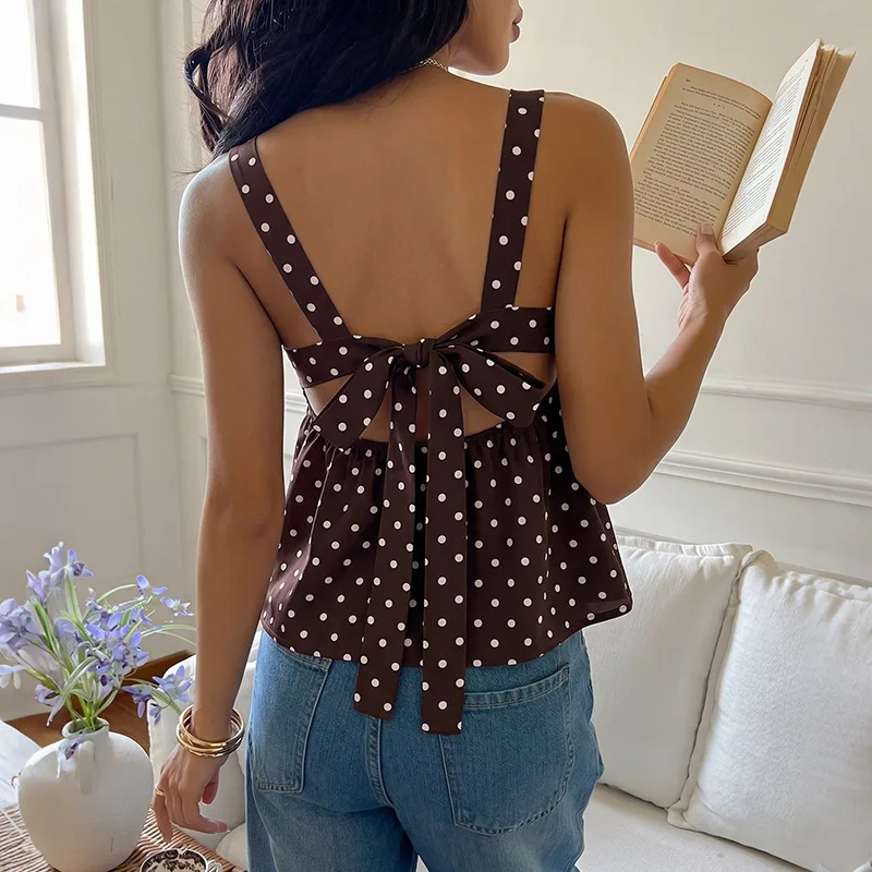 Vintage Polka Dot Cami Top Women Summer Square Neck Wide Strap Sleeveless Peplum Tank Top Retro Brown White Dot Casual Camisole