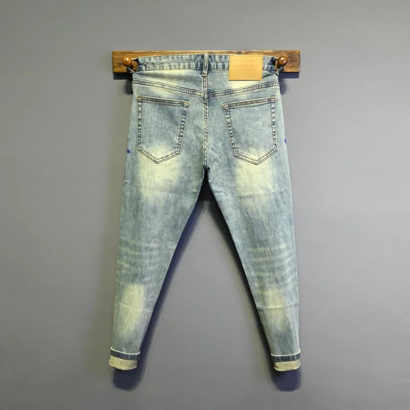 2025 Spring New Trendy Brand Jeans Men's Splash Ink Graffiti High Street Painting Fashion Slimming Small Foot Pants