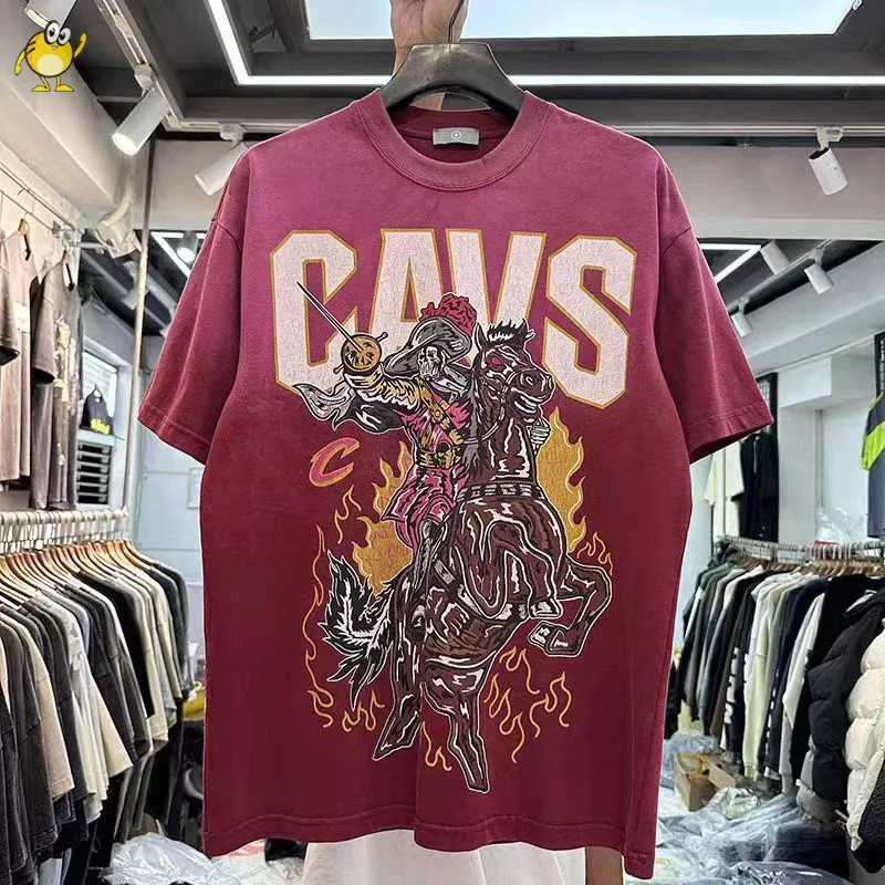 

2024 Graphic Print Red T Shirt Cotton Washed Do Old High Street Oversize Hip Hop Casual Fashion Loose Top Tee