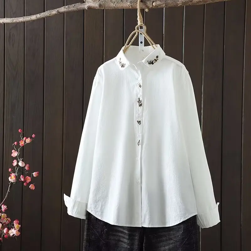 New Spring Cotton Embroidery Shirt Women Lapel Long Sleeve Literature Tops Girl Simplicity Commute Blouse 2024 Autumn T44137QC