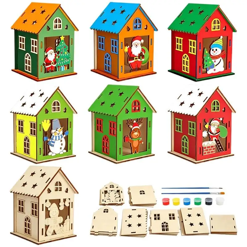 (Ce14)Unfinished Wooden Christmas House Craft Kit With Painting Tools Perfect For Kids DIY Art Project Holiday Party Decoration