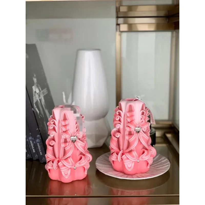 

Xiaoxiang hand-carved candle barrel with candle plate art home ornament