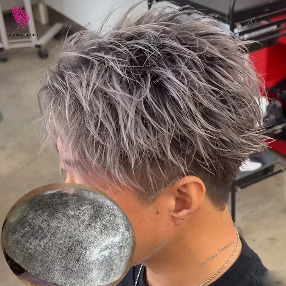 

Натуральная линия роста серого цвета 1B10 1B50 1B65 Прочный мужской парик Супер тонкий 0,1 мм из кожи PU Шиньон 1B # Черно-коричневая блондинка 100% человеческие волосы