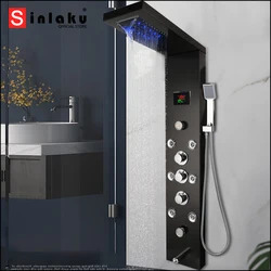 SINLAKU Nero Display Digitale Bagno Doccia Colonna Pioggia E Cascata Con Doccia A Mano Miscelatore Acqua Calda E Fredda Rubinetti