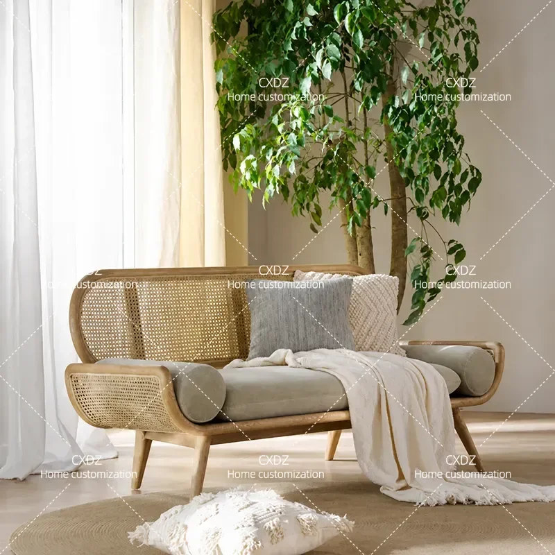 Modern Rattan Sofa Solid Wood Frame 3 Seater Fabric Couch for Living Room Small Apartment Nordic Style Home Furniture