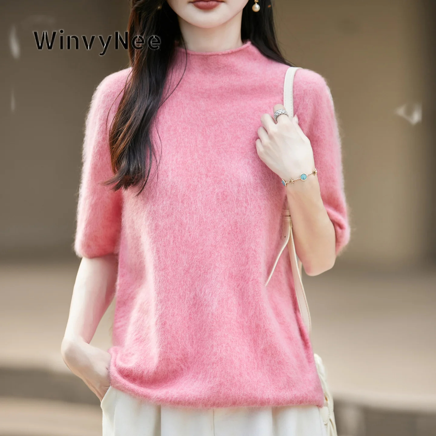 WinvyNee Women Supple Fluffy Pullover Cashmere Mock Neck Mid Sleeve Knit Brushed Fabric Autumn Winter Comfy Base Attire A1743028