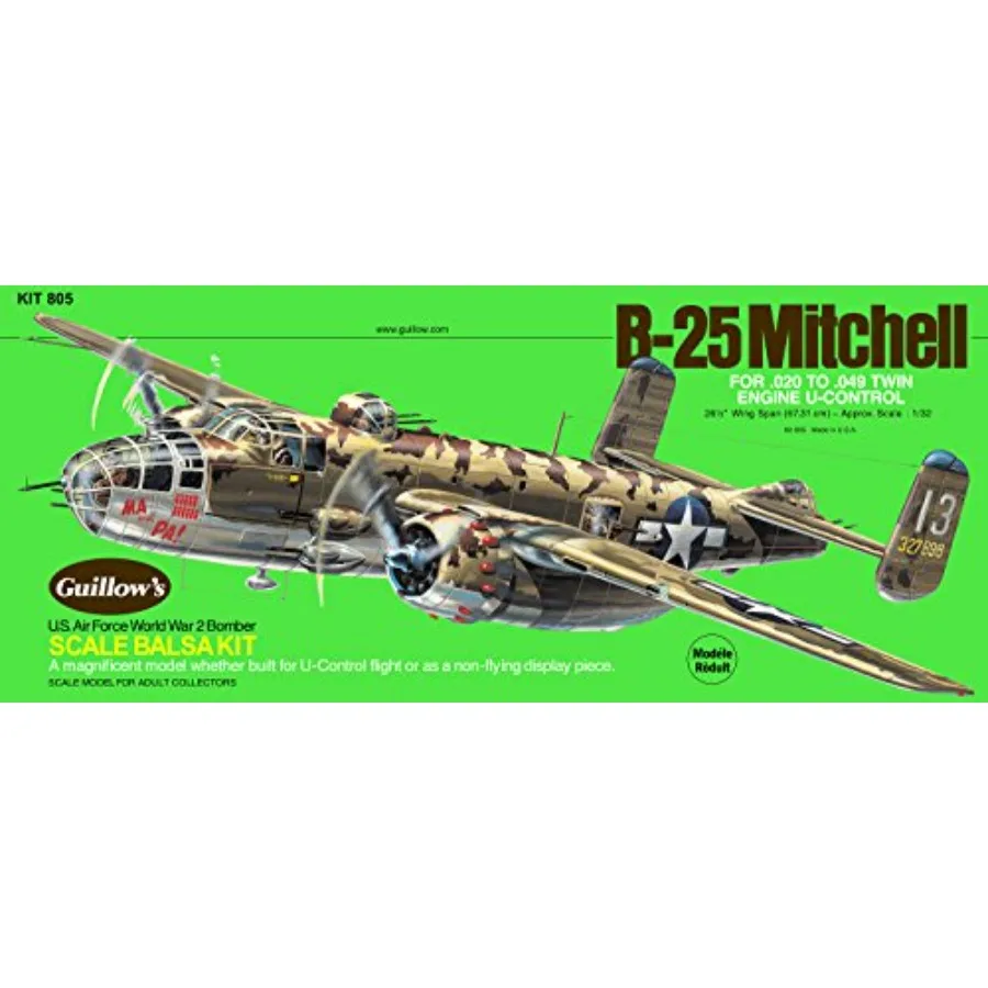 North American B-25 Mitchell Model Kit: aviation display application, plastic material, olive drab color, snap-fit assembly and