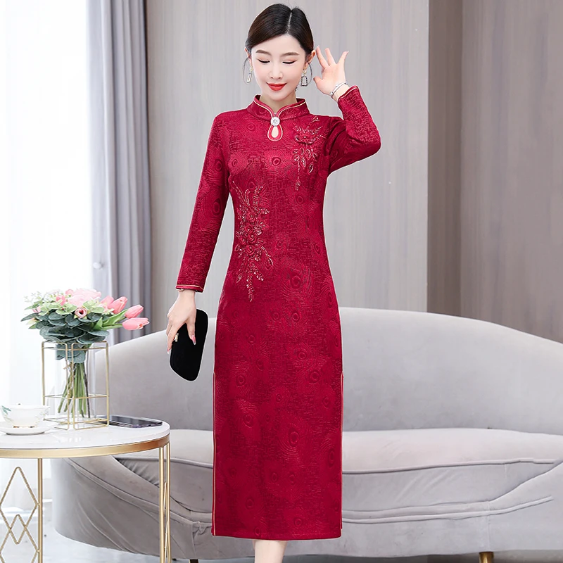 

2023 New Fashion Chinese Style Dress Women's Autumn Red Wedding Standing Neck Long Sleeve Loose Fit Wedding Dress Vestidos