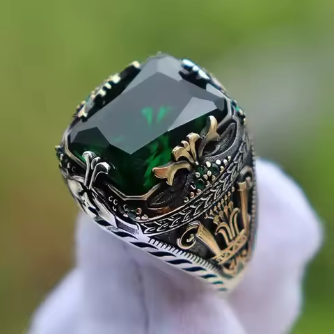 Vintage Handmade Turkish Signet Rings for Man Silver Color Metal Carving Mystic Zircon Inlay Punk Motor Biker Ring Jewelry