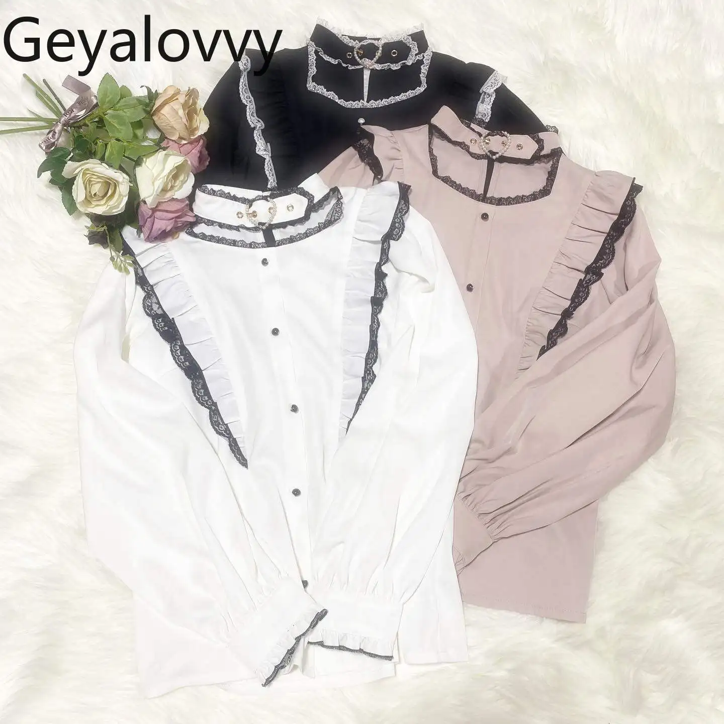 

Японский стиль, массовое производство, блузка с рюшами и воротником-стойкой, новинка 2026 года, универсальный топ с длинными рукавами для милых девушек