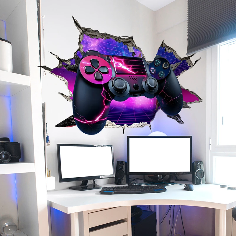 

Larger Gaming Poster 3D Wall Hole Art Dazzling Color Games Console Vinyl Mural Stickers Home Decoration for Kids Room Gamer Zone