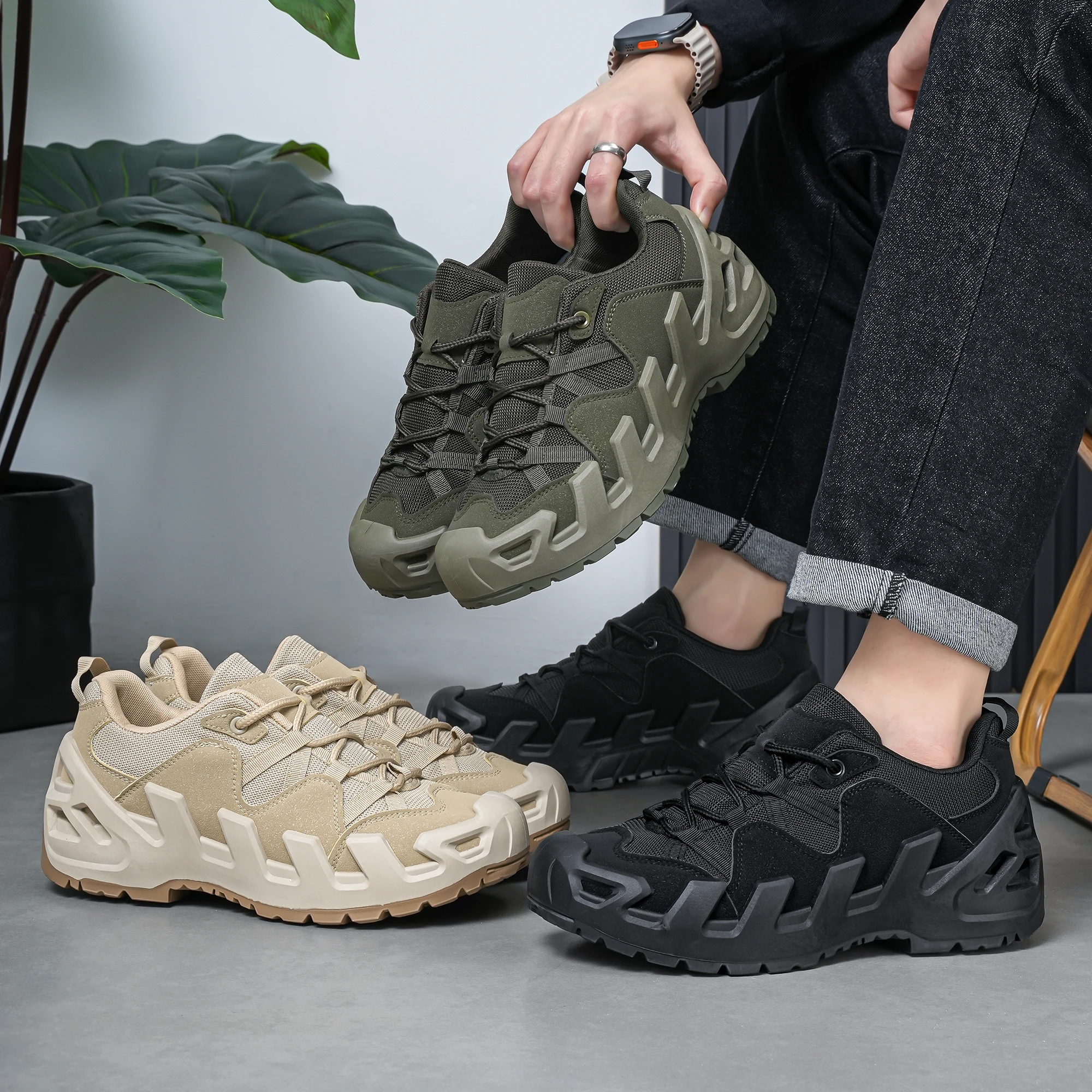 Men's Low-Top Mecha Trendy Hiking Boots Thick-Heeled Casual Workwear with Sawtooth Bottom Fashionable Footwear