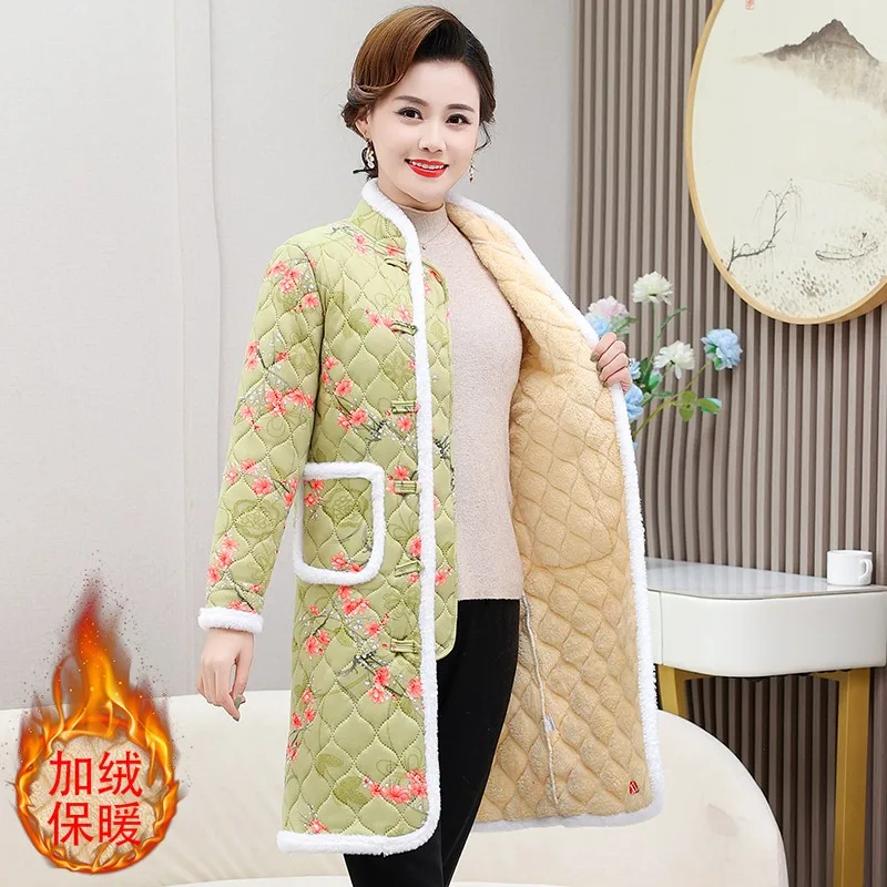 Middle-aged and Elderly Women's Cotton Coat soft Winter Jackets Printing Single-breasted long Parkas Overcoat