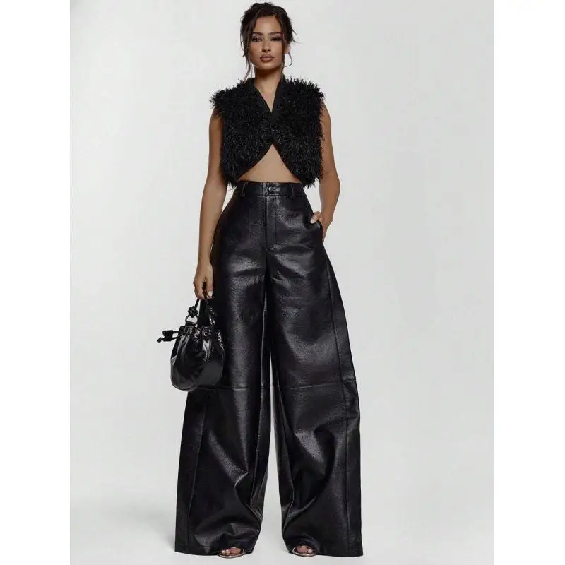 High Waist Leather Pants Slim Fit Waist Cross-Border Casual Trousers for Women Mid-Aged Group Other Material 100% Denim
