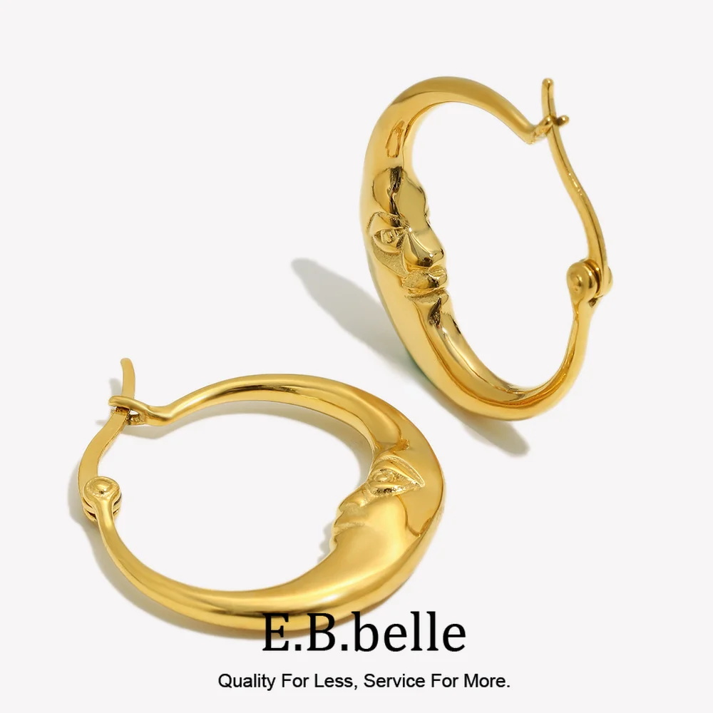 E.B.belle New Abstract Moon Hoop Earrings Gold/Silver Color Stainless Steel Round Hypoallergenic Women Chic Jewelry