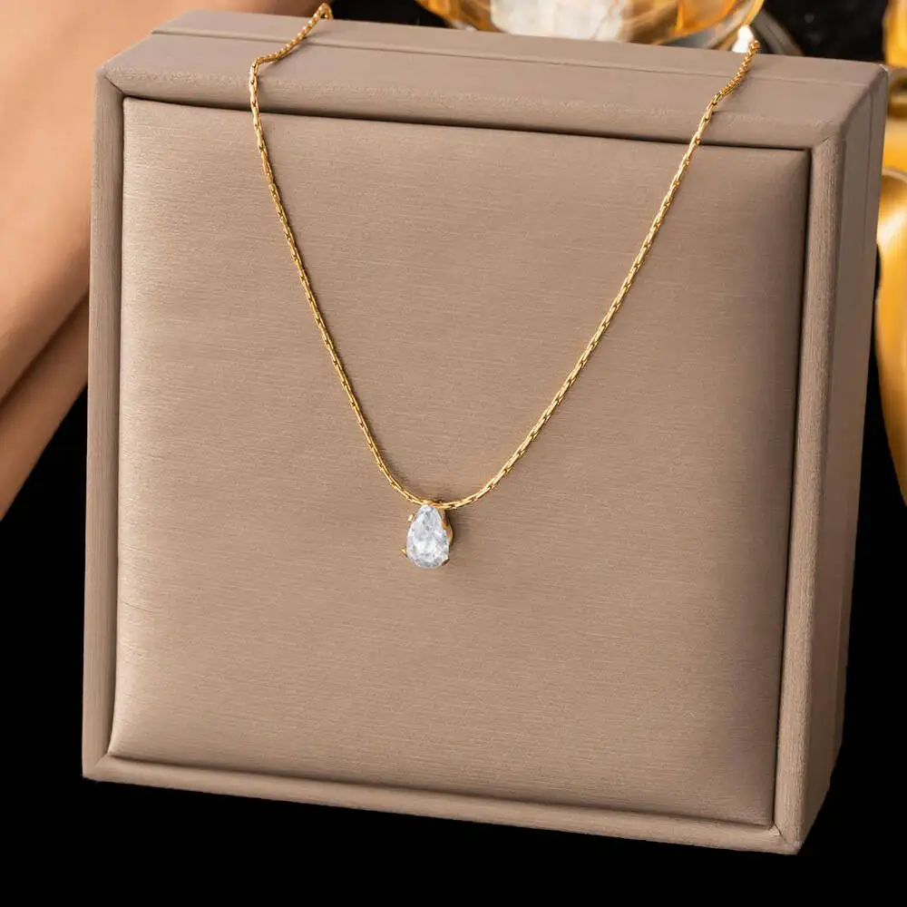 Titanium Steel Teardrop Zircon Necklace for Women, Wheat Chain Water Drop Crystal Pendant Necklace, Multi Gemstone Color Choices
