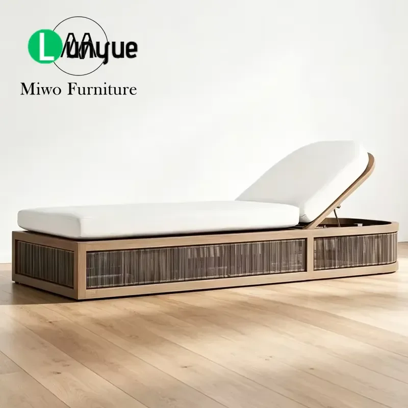 Modern Teak Wood Garden Lounger Outdoor Fabric Bed Furniture Set Customizable Design for Patio Lawn Poolside Relaxation