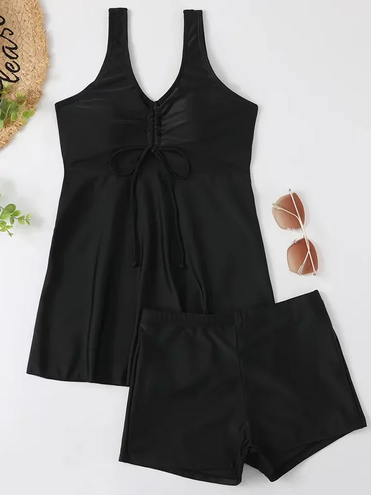 

Two Piece Swimsuit Women 2025 New Print Sling Ruched Cover Belly Swimwear Summer Tankini Black Shorts Beach Bathing Suit Female
