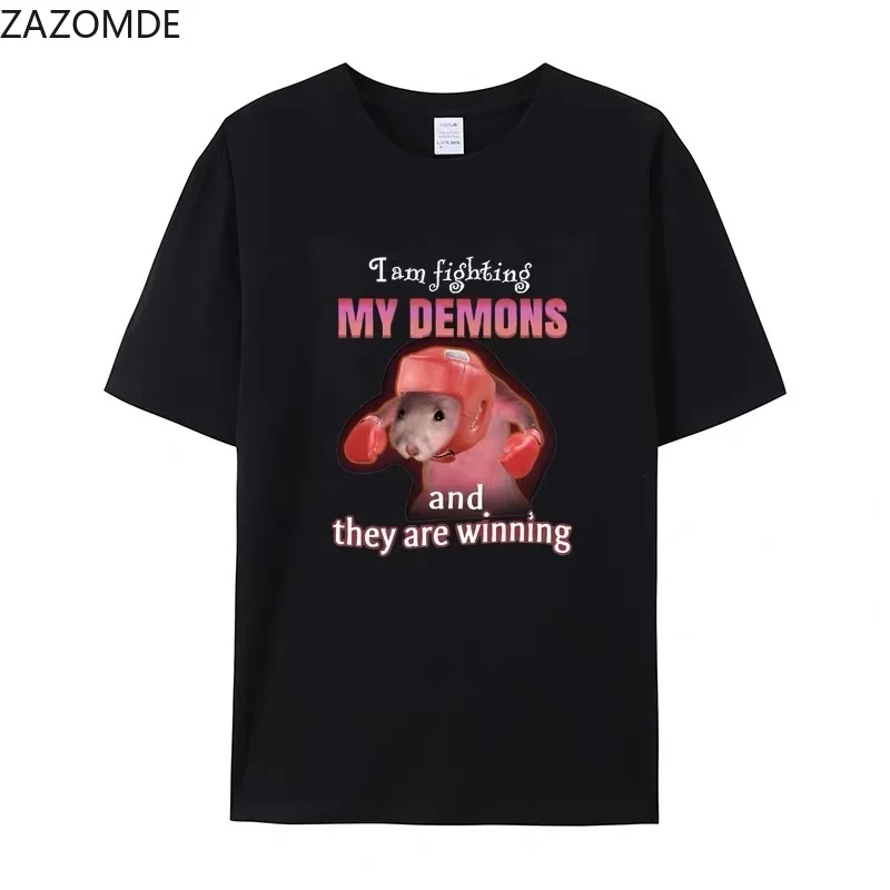 ZAZOMDE Punk Hip Hop Casual T-Shirt Funny Boxing Rat Meme Print I Am Fighting My Demons Slogan O-Neck Short Sleeve Unisex Tops