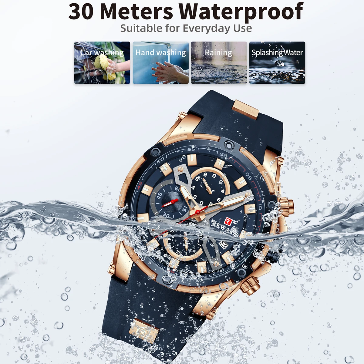 REWARD Luxury Sport Men Quartz Watch Man Wristwatch Chronograph Silicone Strap Waterproof Luminous Hands Date Men\'s Watches