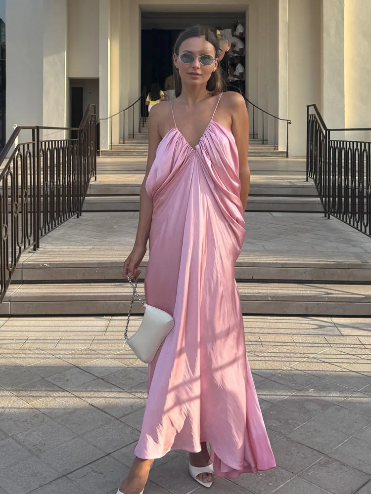 HH Abito longuette da donna elegante da festa Silhouette con scollo a V Design pieghettato Abiti da strada senza schienale Abiti da vacanza estivi da donna