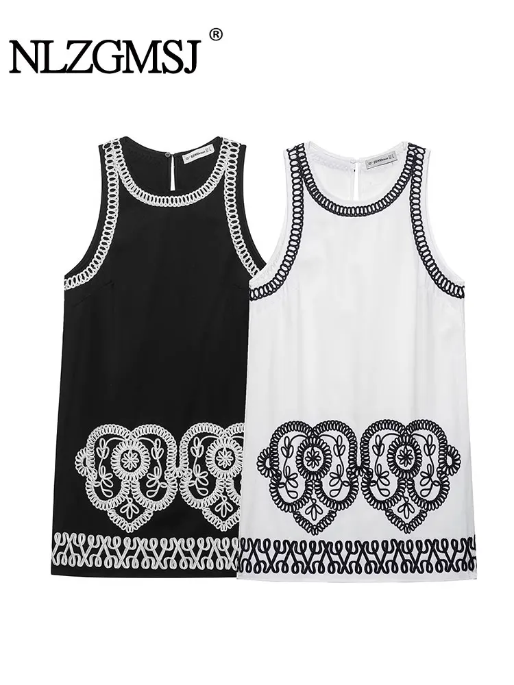 2025 Summer Woman Dress Embroidery Decoration Straight Dresses Women O-neck Sleeveless Short Dress Daily Streetwear