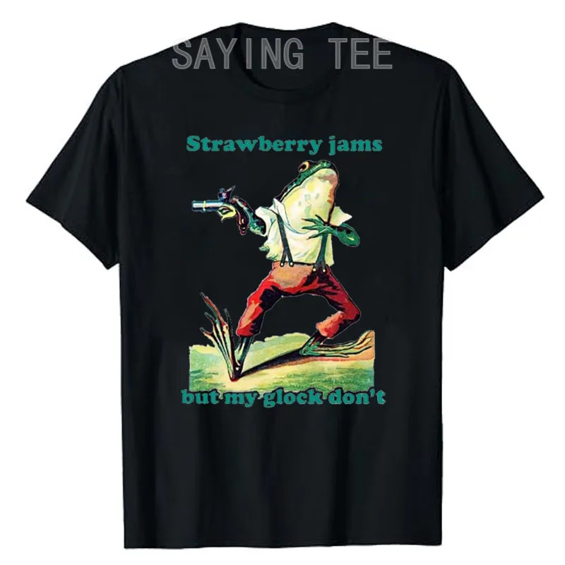 

Strawberry Jams But My Don't T Shirt Humor Funny Cute Frog Gun Graphic Tee Y2k Tops Cartoon Short Sleeve Blouses Novelty Gift