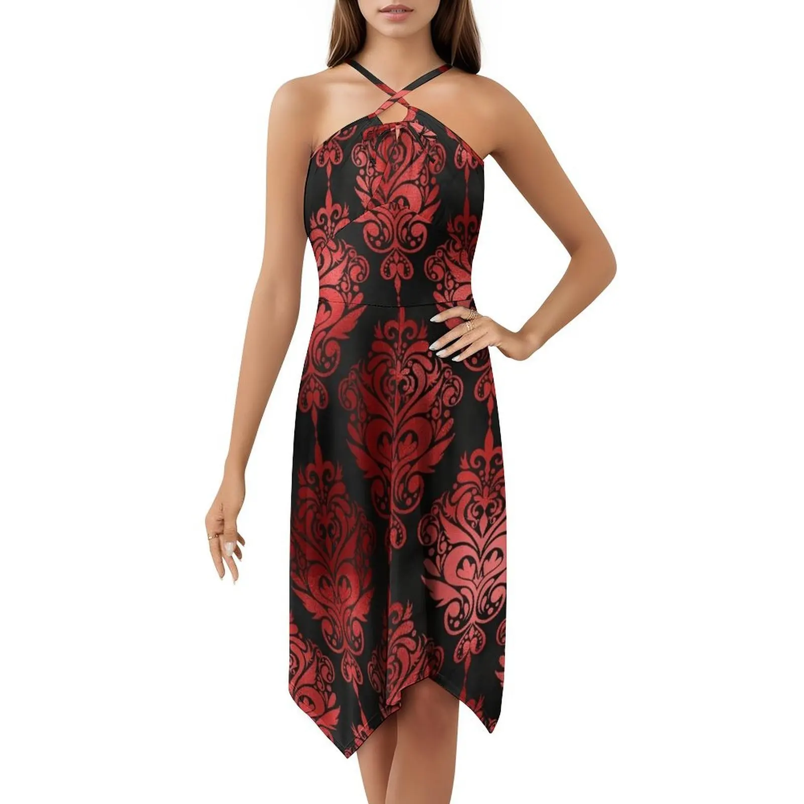 فستان بوهو أنيق بنمط أحمر وأسود أنيق لحفلات الزفاف على الشاطئ فستان أحمر لامع باندانا ماندالا مجردة