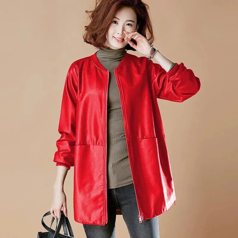 Spring Autumn Women Round Neck Faux Leather Top Ladies Medium Long Styles Jacket Korean Female Large Size 7XL PU Leather Coat