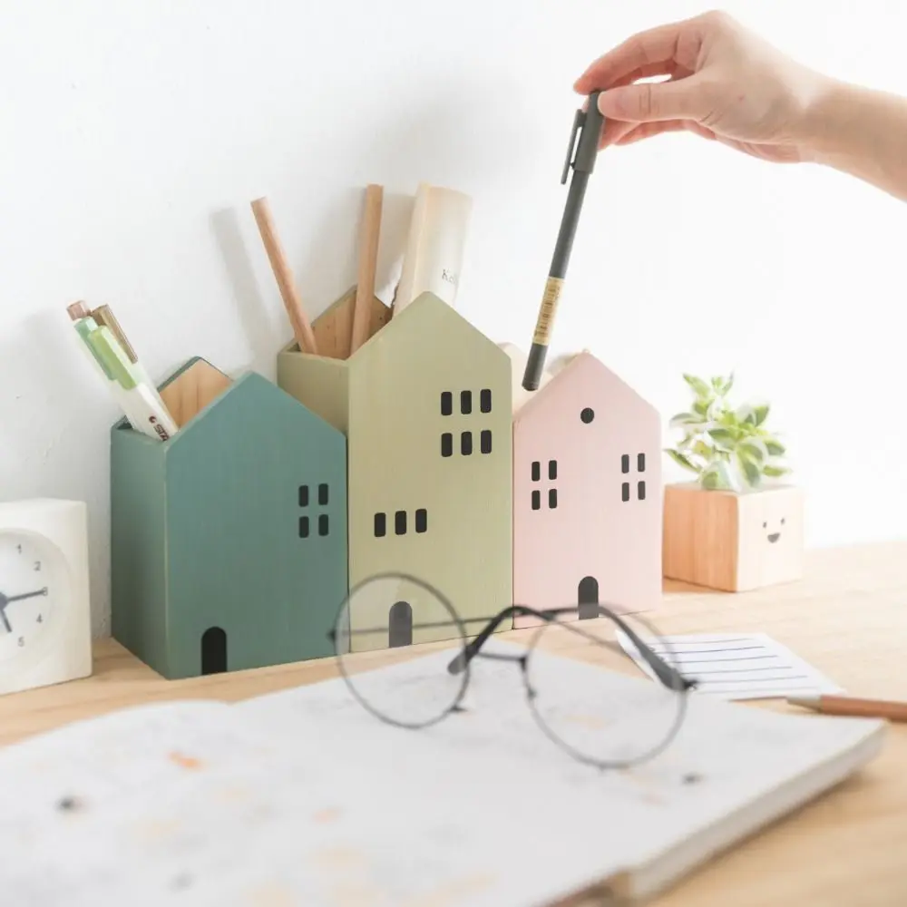 Cartoon House Wooden Pen Holder Minimalist Handcraft Makeup Brush Storage Organizer Gift Pencil Container Home Office