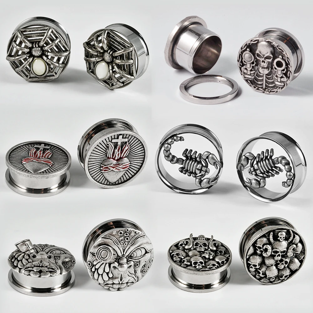 Stainless Steel Spider Skull Ear Plugs Expanders Piercing Screw Ear Gauges Earring Gauges Stretchers Body Piercing Jewelry