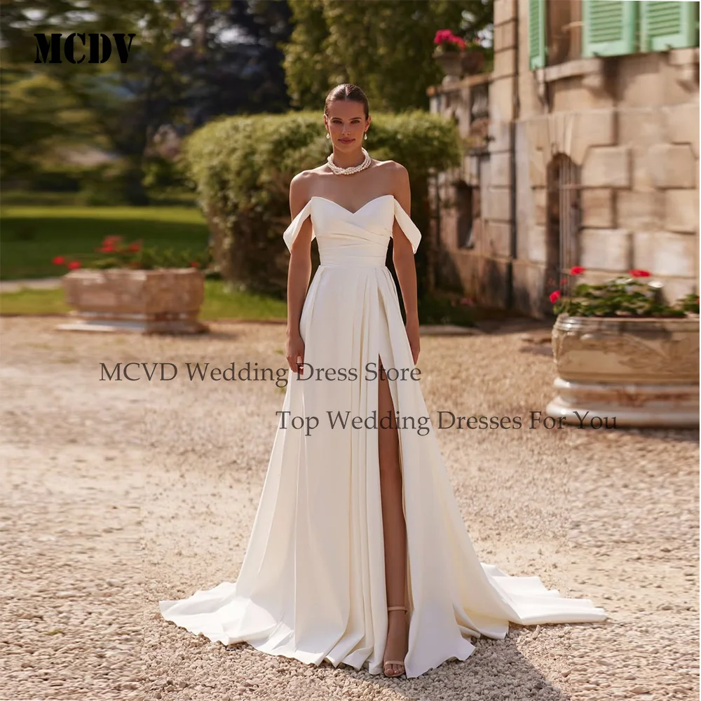 

MCDV Satin Wedding Dress Off Shoulder Split A-Line Simple Bride Gowns Customized Zipper Back Sweep Train vestidos de novias 2026