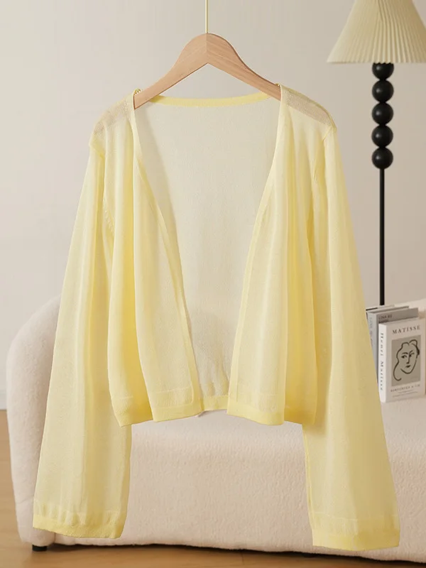 Simple Thin Ice Silk Knitted Open Cardigan Women's Shawl Short Outerwear Loose Long Sleeve Sun Protection Shirt Air Conditioner