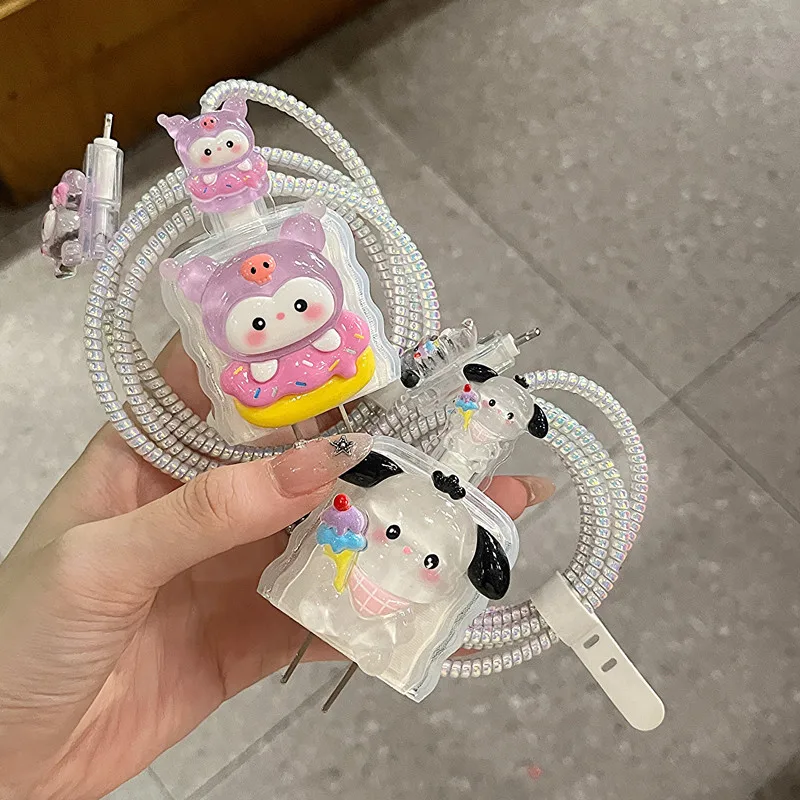 

4Pcs/set Sanrio Hello Kitty Kuromi Charger Data Cable Case Protector and Winding Kit for Apple 18W 20W Charger Accessories